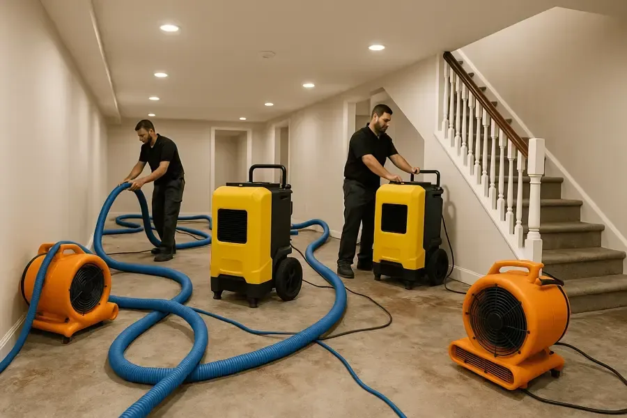 Two technicians placing air movers, dehumidifiers and extraction hoses inside a home before drying starts